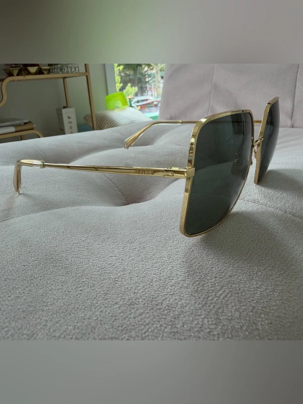 Celiné Ladies CL 40078U Square Gold Frame Sunglasses with Dark Green Lenses 🕶️